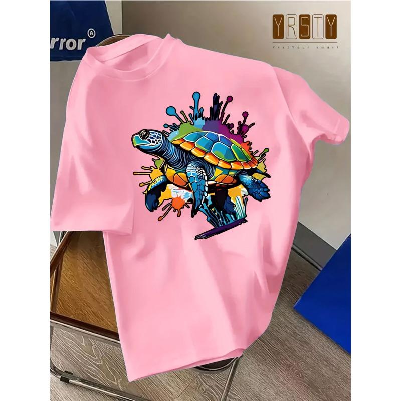 European sizes ' Short Sleeve T-Shirt with Sea Turtle & Splash Print - White ' Casual Summer Top, Breathable Round Neck Tee for Beach