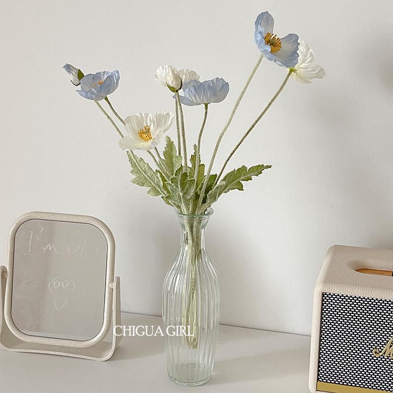 Blue Iceland Poppy Silk Flower Bouquet for Living Room Decoration