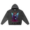 DTG Print Knitted Denim Zip-Up Hoodie Angel Streetwear Brother Print Zipper Hoodies