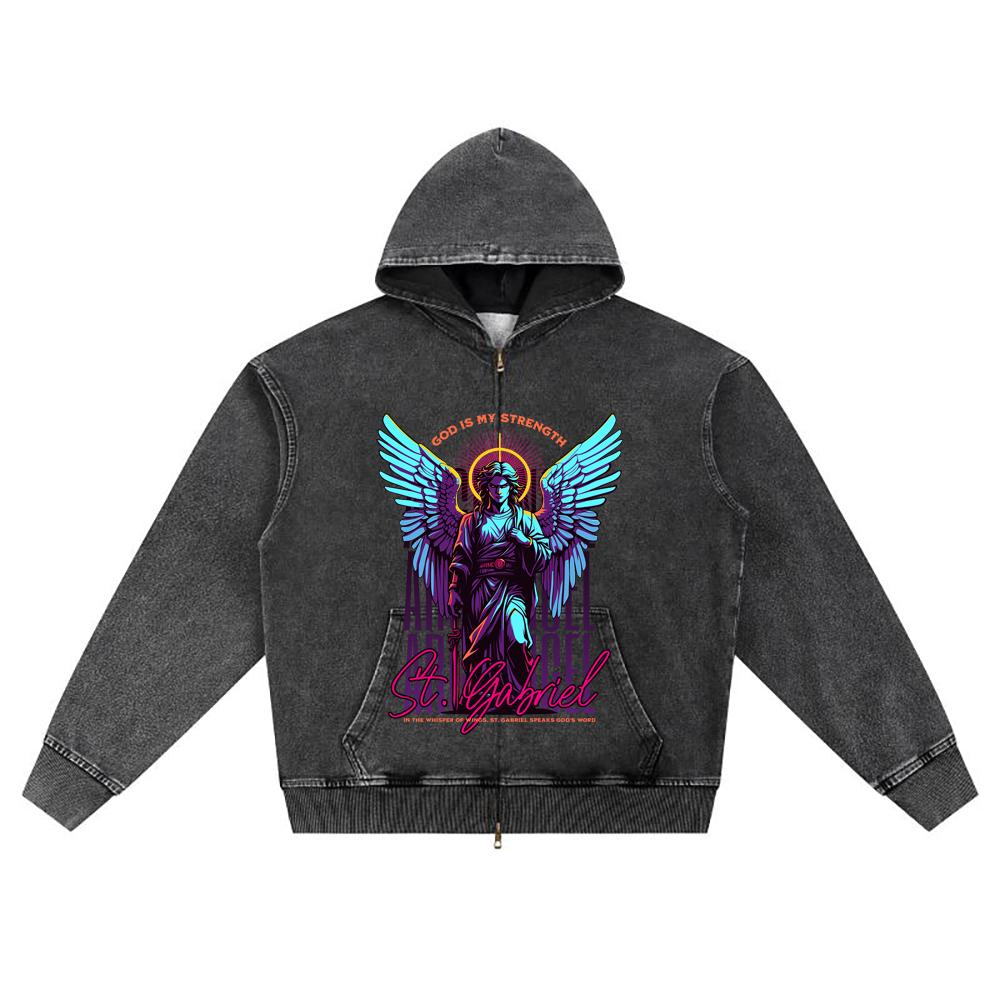 DTG print Knitted Denim Zip-Up Hoodie Angel Streetwear Brother Print Zipper Hoodies