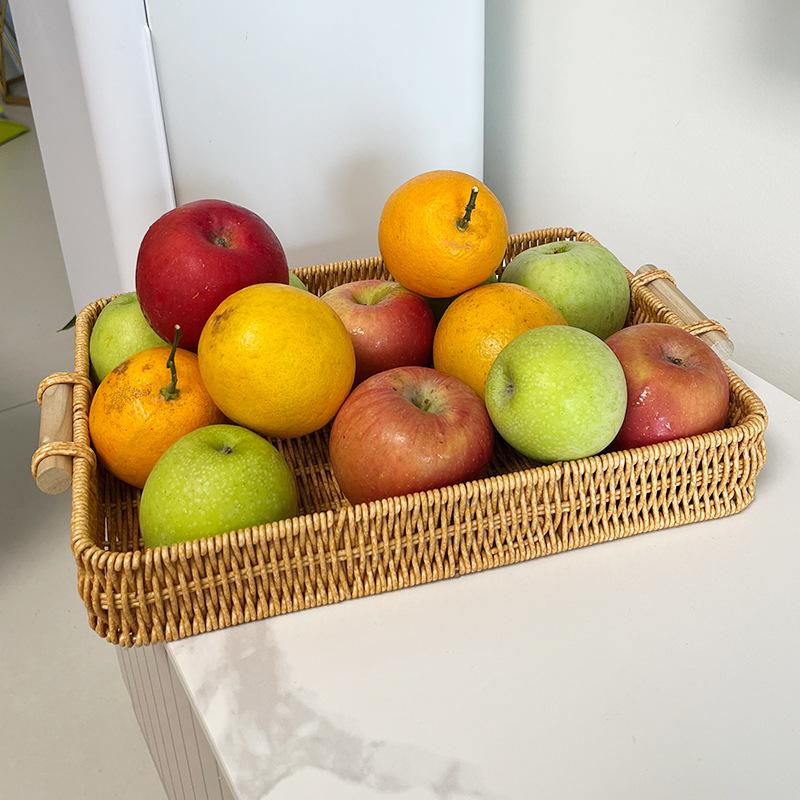 Multi-Use Pp Woven Storage Basket With Wooden Handle Modern Rectangular Shallow Bin For Living Room Bedroom Kitchen Hotel Servic