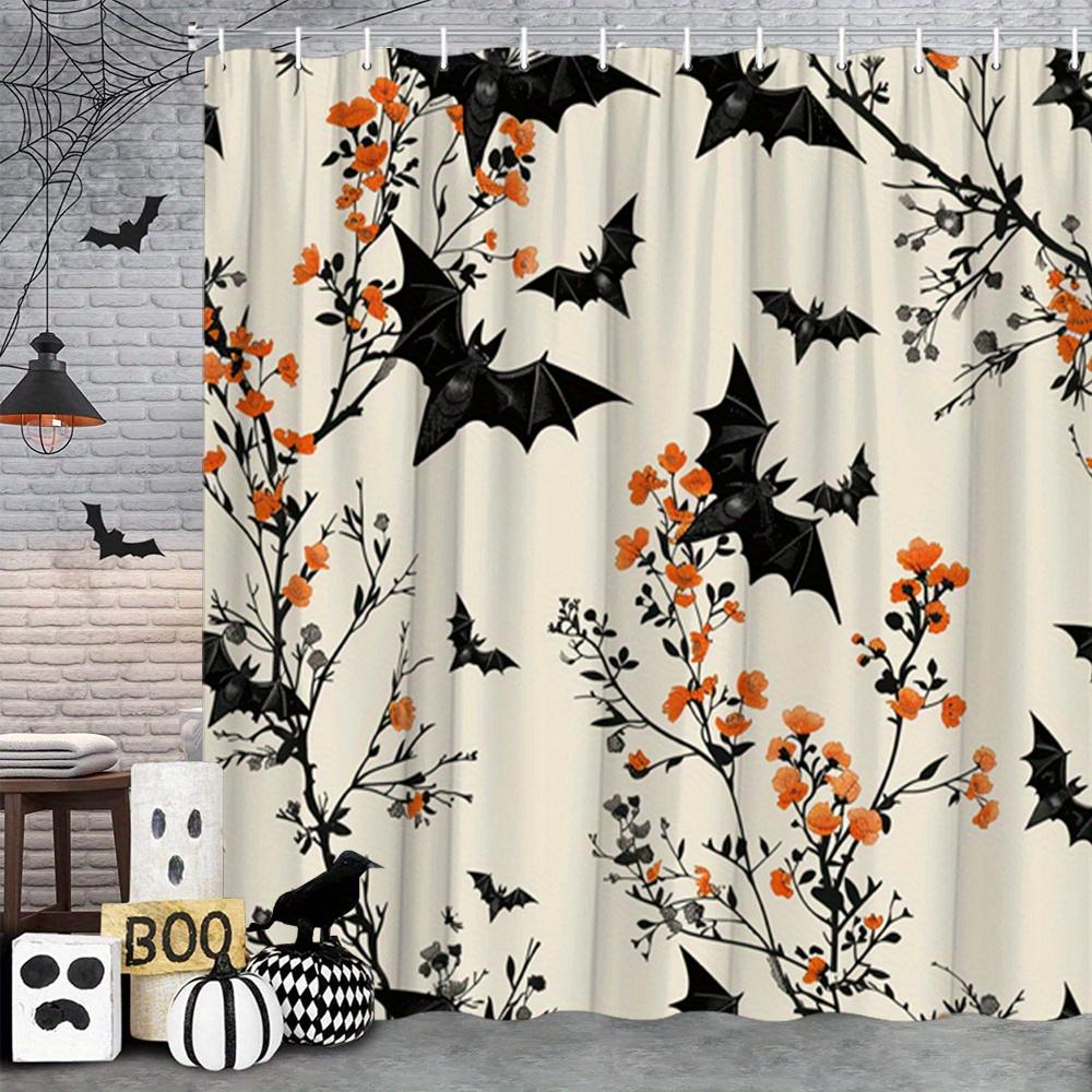 

1pc Black & White Polyester Halloween Bats & Orange Flowers Shower Curtain - Gothic Wings & Dark Branches Design, 70.8x70.8 In 90x180cm