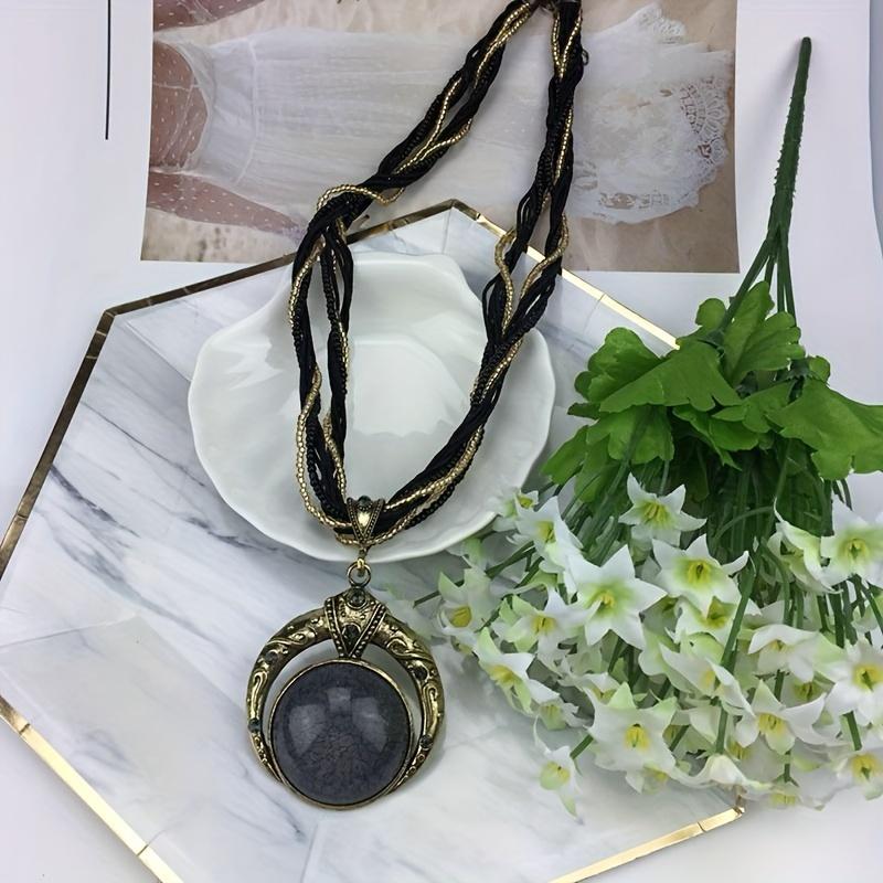 Colier cu margele de orez țesute manual Colier cu pandantiv cu piatră prețioasă rotundă boemă, ocazional, unisex, accesorii pentru gât