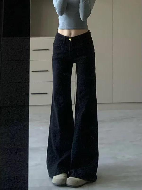 Women's Black Micro-Flare Low-Waist Stretch Jeans - Spring/Autumn 2025 Style, Non-Sticking, Wide-Leg.