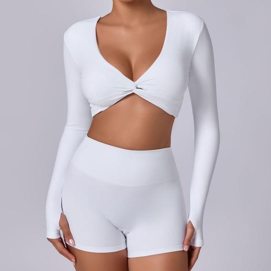 Long Sleeve Workout Tops for Women Twist Front Deep V Neck Cropped Athletic Top Yoga Pilates Gym Outfit