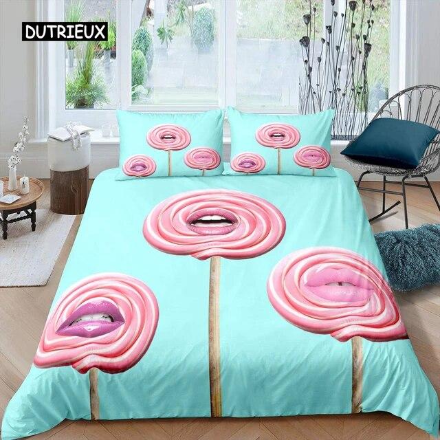 Lollipop Duvet Cover Set Food Theme Comforter Cover Blue Bubble Bedding Set for Kids Children Women Girly Dreamy Quilt Cover Three-piece Set