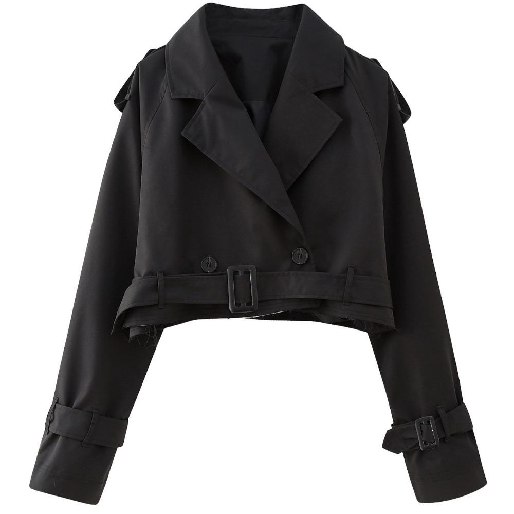 Женская мода с поясом Укороченный тренч Винтажный отложной воротник Длинный рукав Женское шикарное пальто Наряды S