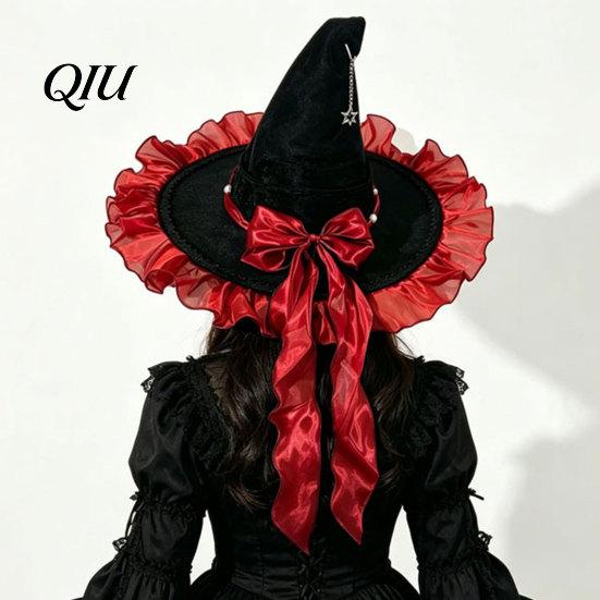 Pointed Witch Hat Halloween for Women, Velvet Wizard with Ruffle Costume Accessory Brim And Bow Party, Masquerade, Cosplay