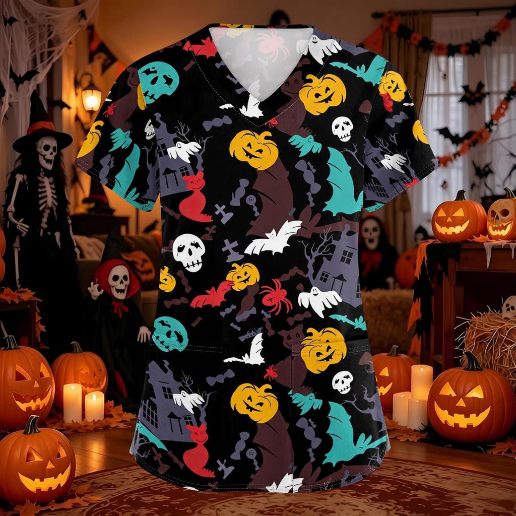Women's Halloween Print Scrub Top V-Neck with Pockets Comfortable Fit for Work and Costume