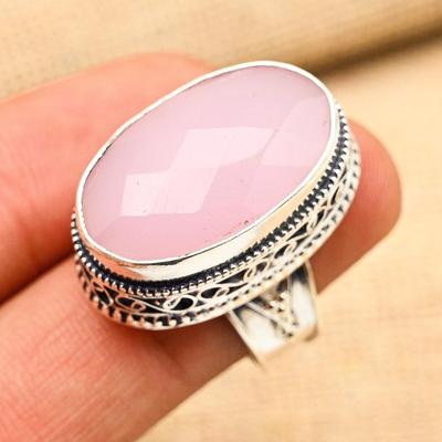 Pembe Kalsedon Değerli Taş El Yapımı 925 Ayar Gümüş Yüzük Takı Nişan Hediyesi İçin