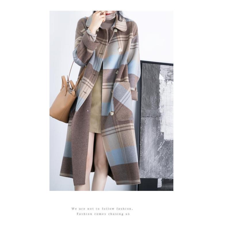 Tooxika Plaid Woolen Coat Winter New Style Over Knee Double-breasted Large Pockets Loose Mid-length Coat
