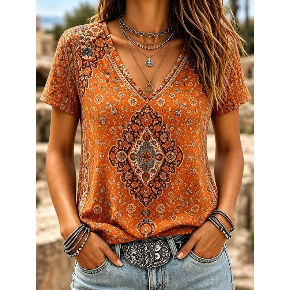 Damen Sommer T-Shirt Retro Muster Print Kurzarm T-Shirts Lässige Bedruckte Tops