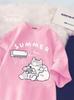 Children's Summer Cute Cat Cotton T-Shirt - Girls' Medium/Large, Boys' Trendy Brand, Short-Sleeved