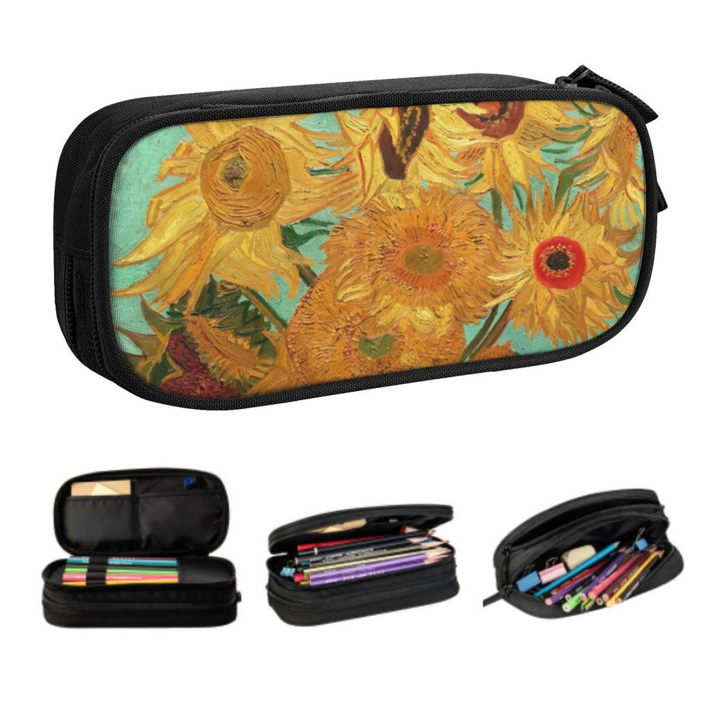 Custom Vincent Van Twelve Sunflowers In A Vase Mask Pencil Cases Large Capacity Art Flowers Painting Pencil Bag School Supplies