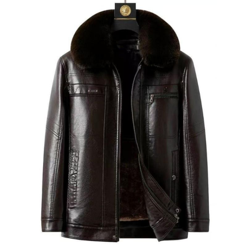 

Мужская зимняя утепленная куртка из ПУ кожи для среднего и пожилого возраста, на флисовой подкладке, теплая, однобортная 3XL коричневый