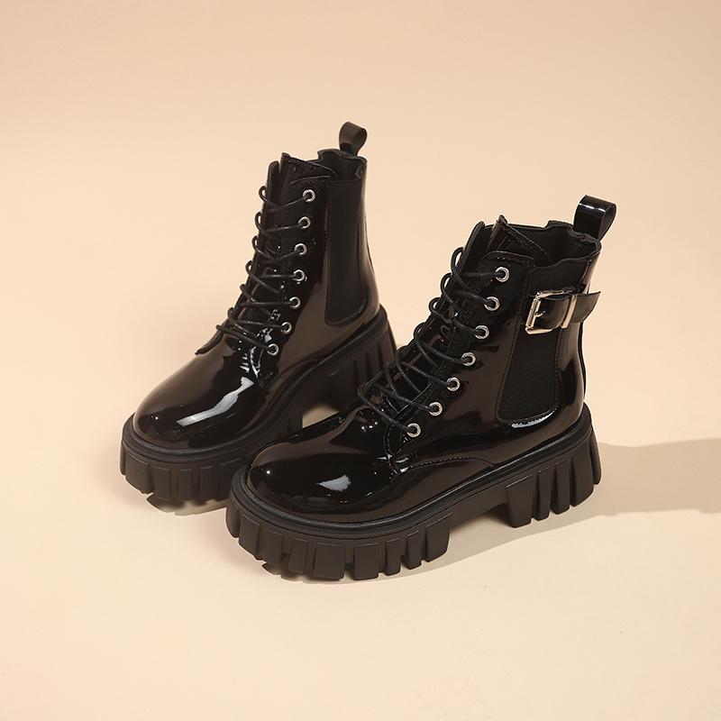 Fashion Block Heel Platform Single Boots Women's Autumn New Versatile Round Toe Front Lace-up British Style Small Booties