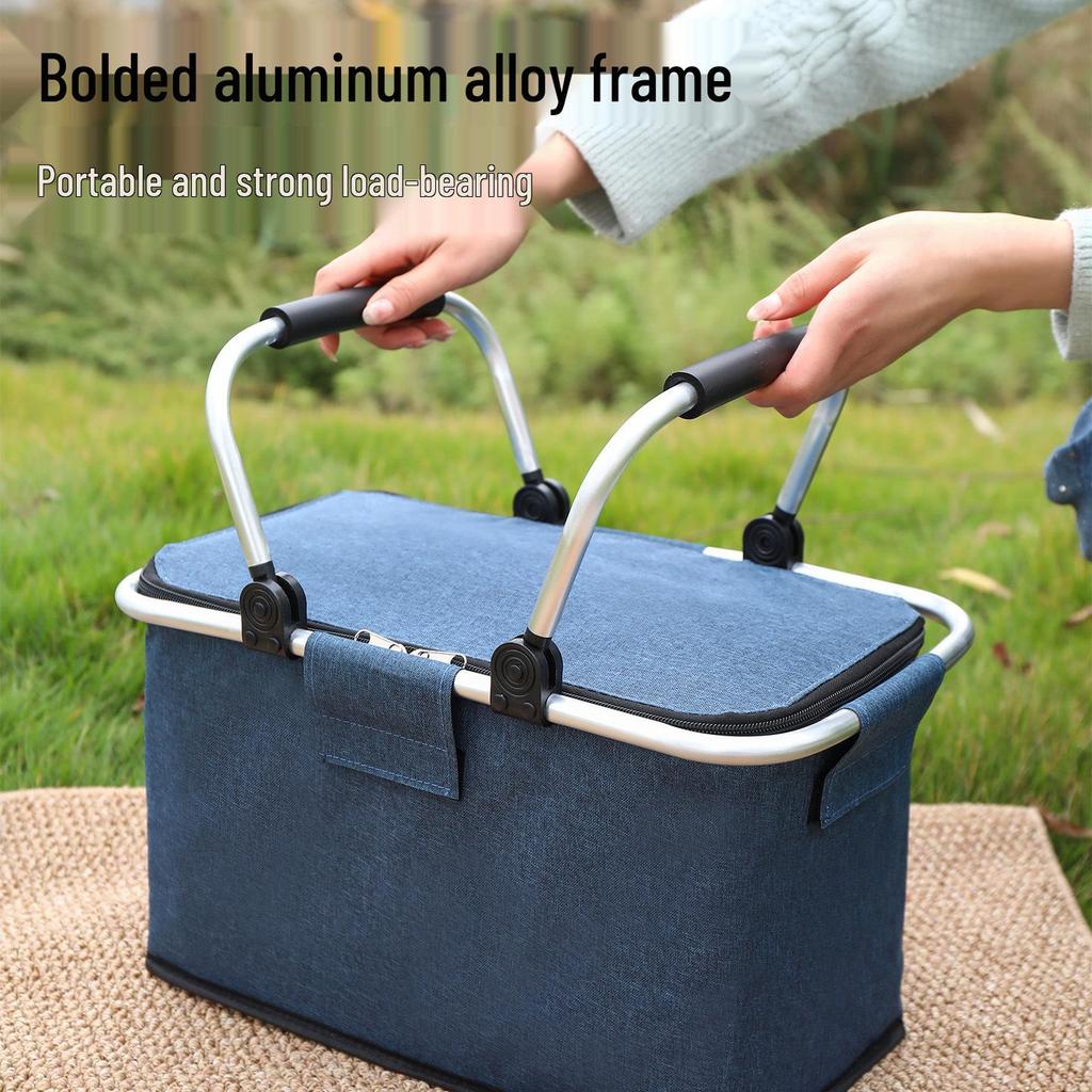 Katlanabilir Dış Mekan Yalıtımlı Piknik Sepeti - Tazeliği Koruyan Alüminyum Saplı Su Geçirmez Oxford Kumaş