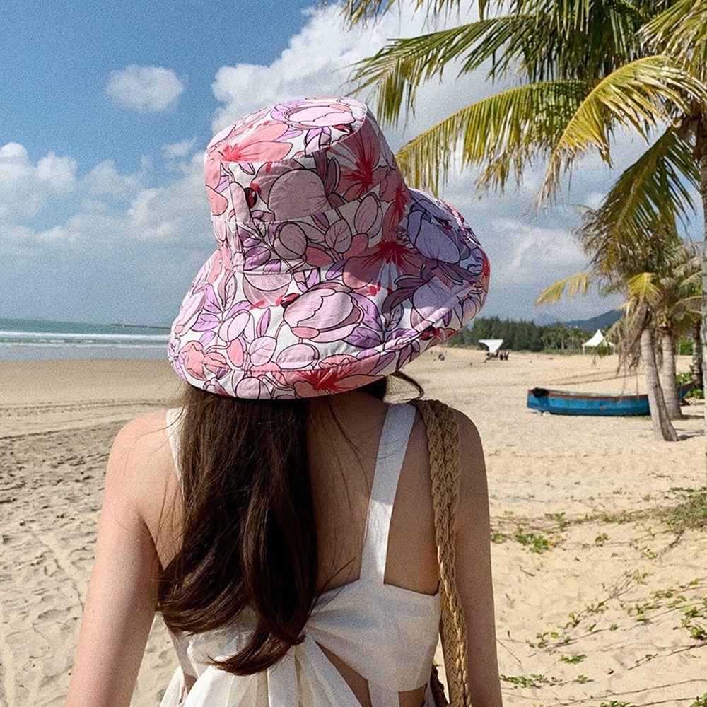 Double-Sided Women Fisherman Hat Flower Print Sunscreen Visor Cap Portable Summer Sun Hat  Travel