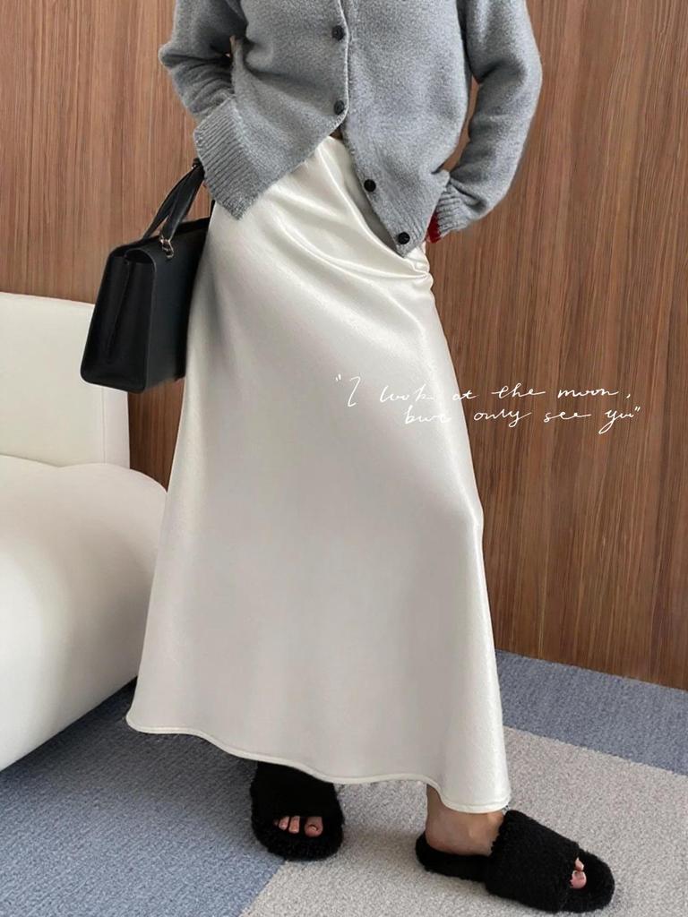 2025 High-Waisted Satin Mermaid Skirt - Women's Mid-Length A-Line in Autumn/Winter