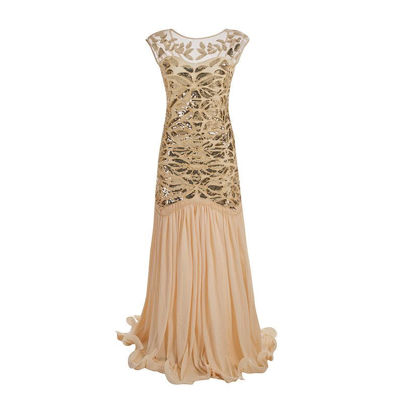1920S Vintage Evening Gown with Sequins, Beading, Mesh, and Ruffled Hem, Floor-Length Dress