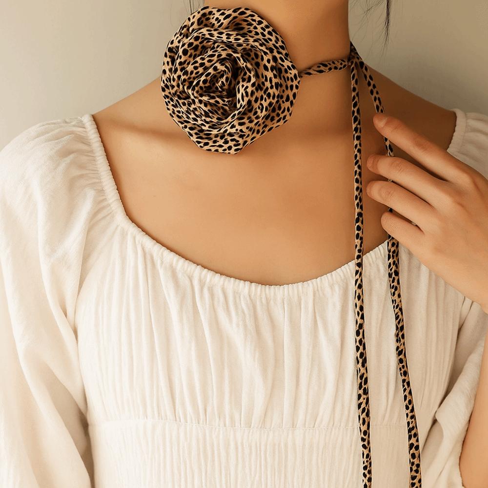 Korean Style Flower Clavicle Chain Wave Point Leopard Print Chocker Vintage Chiffon Necklace  Party