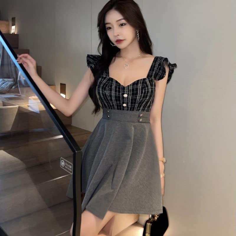 ISLAYCAOLILA DY3 Barbara Mini Club Party Flared Mini Dress Women's Dress, Dress, Dress, Dress, Dress, Checked, Sleeveless, Waist-Clubbed, A-Line