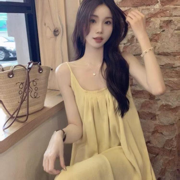 Women's French Style Spaghetti Strap A-Line Dress - Loose, White, Age-Reducing, Perfect for Summer Vacations