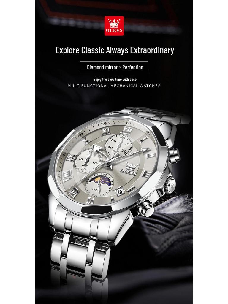 Oulishi Herren Multifunktions-Chronograph mit massivem Stahlarmband und Faltschließe