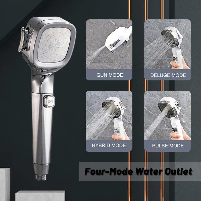

Square 4 Modes High Pressure Shower Head Water Saving Remove Chlorine Gas Filter Cotton Stop Button Hose Bathroom Accessories