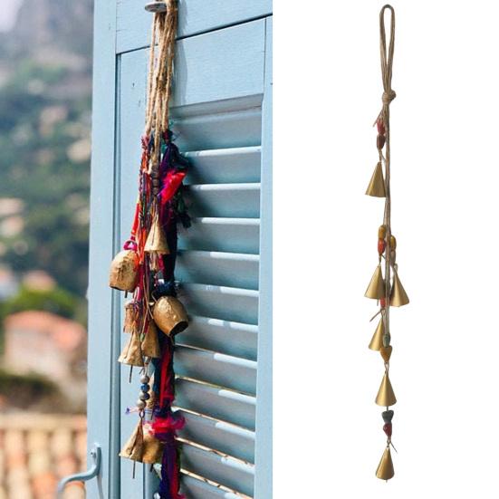 Yousheng Colored Ceramic Bead Wind Chime Bohemian Farmhouse Rustic Hanging Metal Cow Bell Cluster with Jute Rope Outdoor Garden Patio Wind Bell