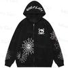 Dámská Streetwear Mikina s Kapucí na Zip a Dlouhým Rukávem s Potiskem Lebky a Pavučiny v Temně Gotickém Stylu