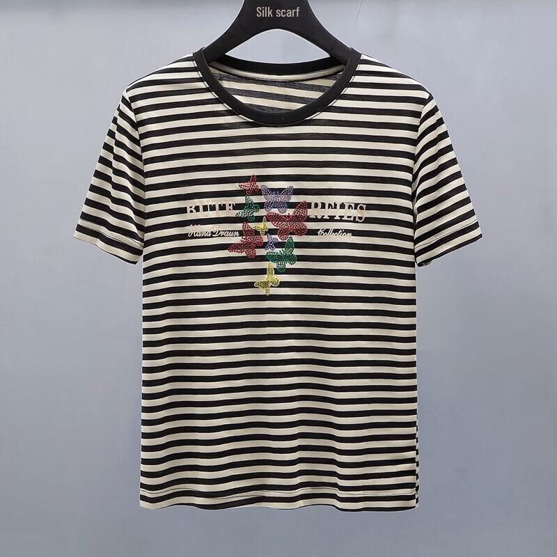 Women s Striped Color-Block Rhinestone T-Shirt S