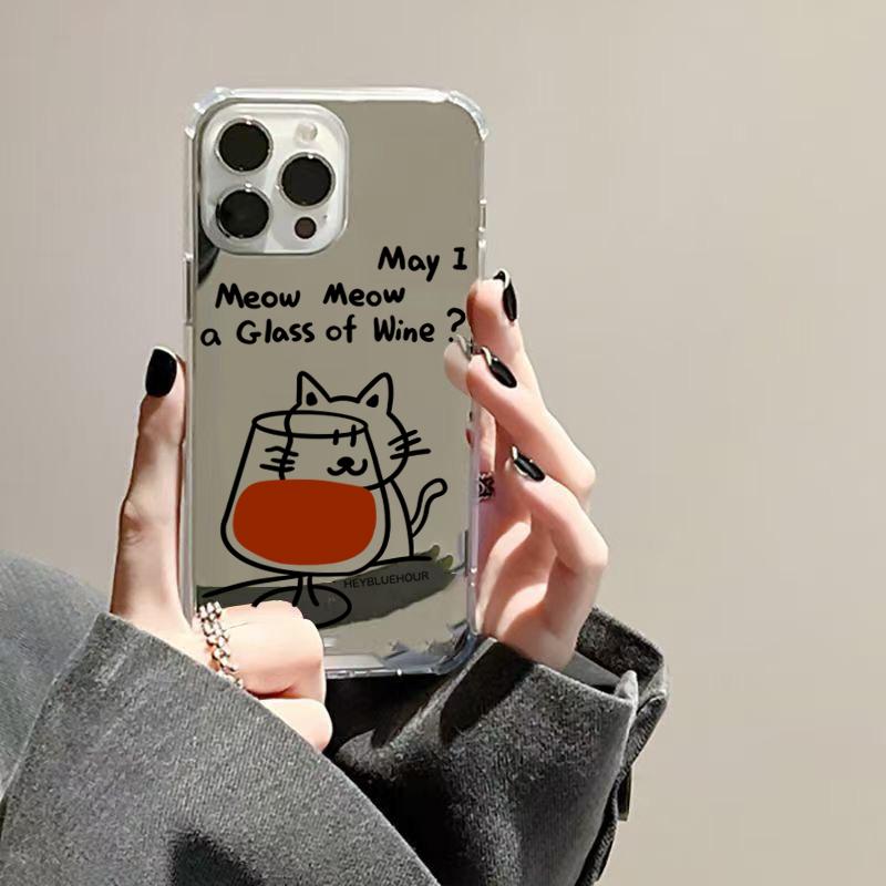 Red Wine Cat Pattern Mirror Acrylic Phone Case For Samsung Galaxy S25 S24 S23 S22 Ultra Plus FE A06 A14 A23 A36 A55 A56 Cover