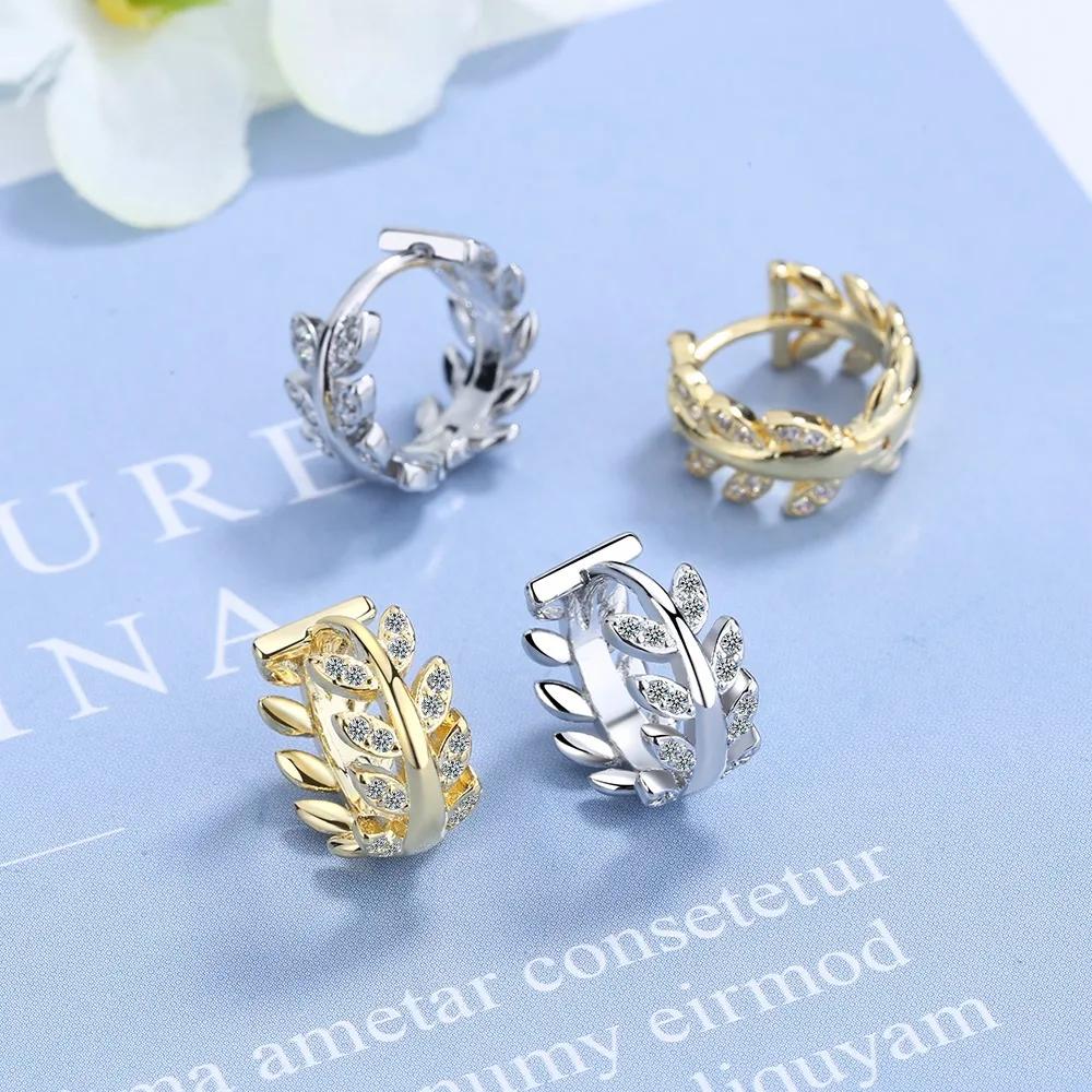 SALES Fine Wedding Jewelry Gold with 925 Sterling Silver New Crystal Olive Branch Earring Korean Leaf Hoop Earrings for Women