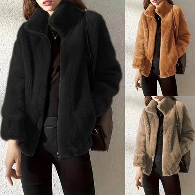 Women's Fashion Casual Solid Color Pocket Long Sleeved Zipper Cardigan Plush Jacket