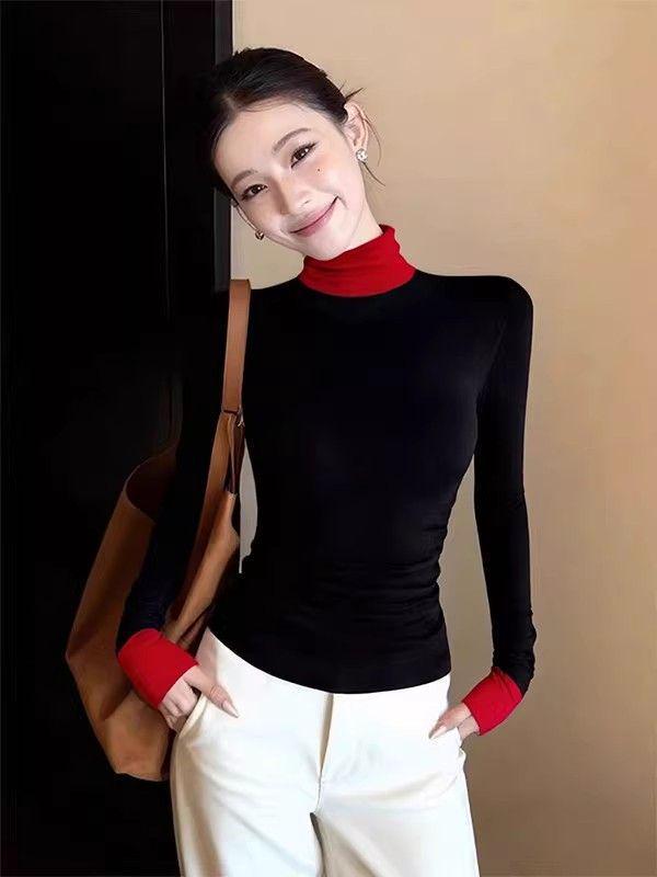 Women's Korean-Style Contrast Color High Neck Long Sleeve Slim Fit Top for Autumn/Winter