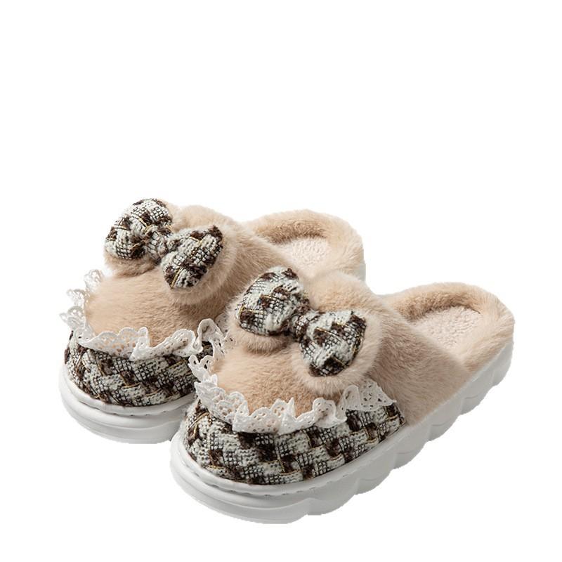 Baumwollpantoffeln Herbst und Winter Indoor Zuhause 2025 neu Schleife niedlich warm flauschige Pantoffeln Outdoor