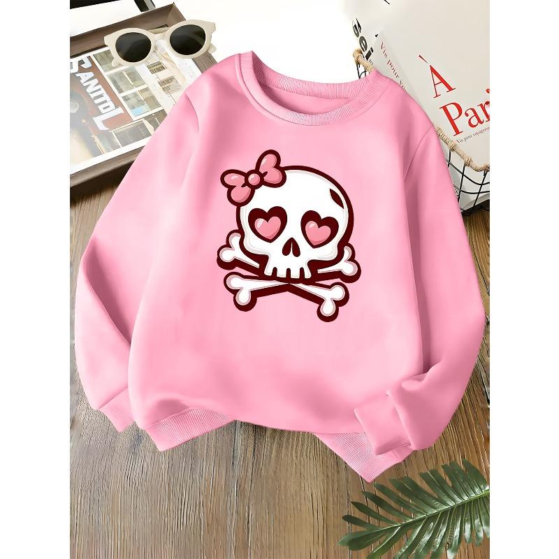 Kids Unisex Crewneck Sweatshirt, Cute Pink Bow Heart Eyes Skull Crossbones Print Long Sleeve Pullover, Kids Sweatshirt For Boys Girls Over 4 Years Old