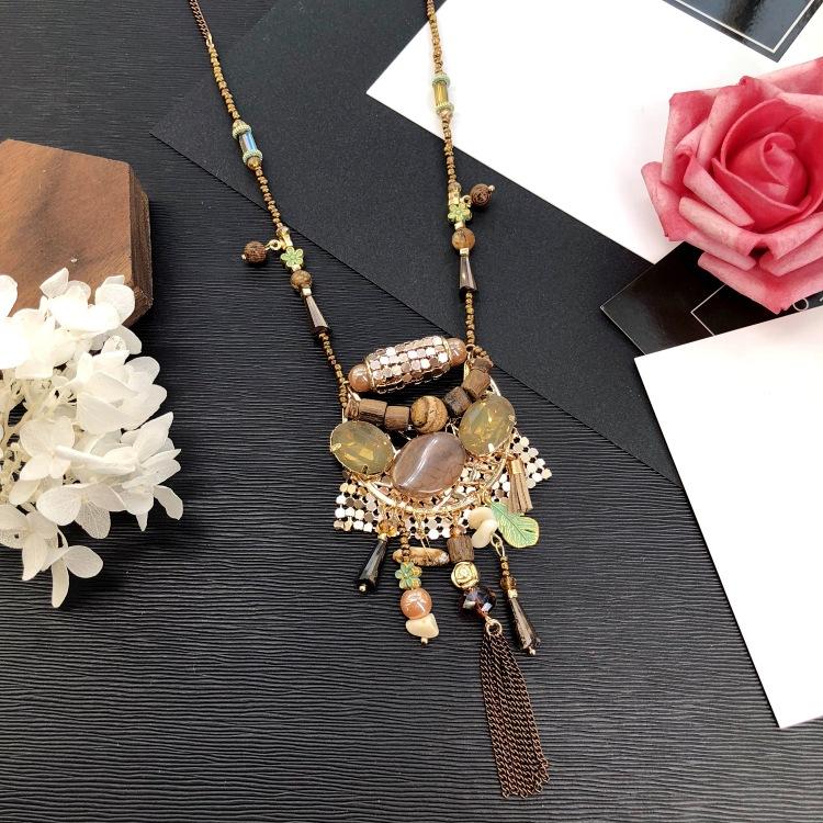 Eastern European style handmade retro fringed long necklace light luxury simple sweater chain crystal pendant versatile accessories