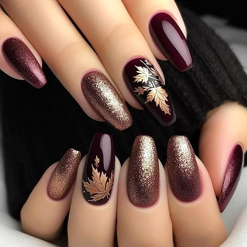 Fall Press on Nails Long Ballerina Coffin Nails Thanksgiving Maple Leaf Acrylic Glue on Nail Glossy Autumn Gold Maple Leaves Fake Nail for Women DIY