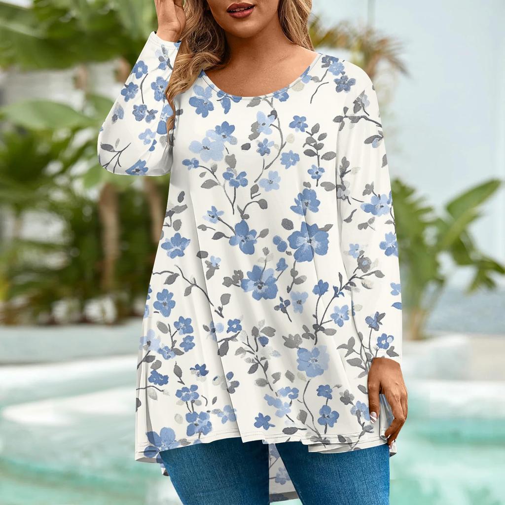 Women's Fashion Large Size Round Neck Long Sleeve Casual Print Loose Pullover Top