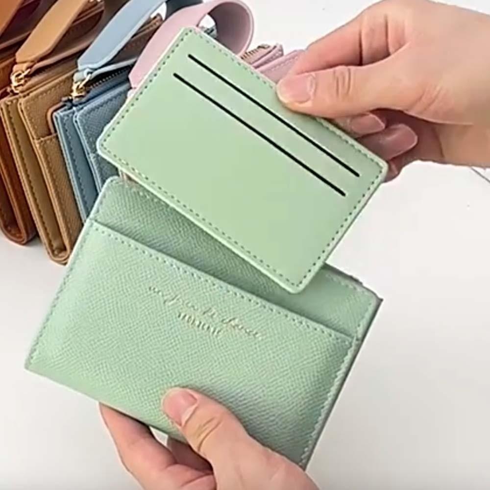 Portable Women Folding Wallet Multiple Card Lady Short PU Purse Solid Color Card Bag  Student