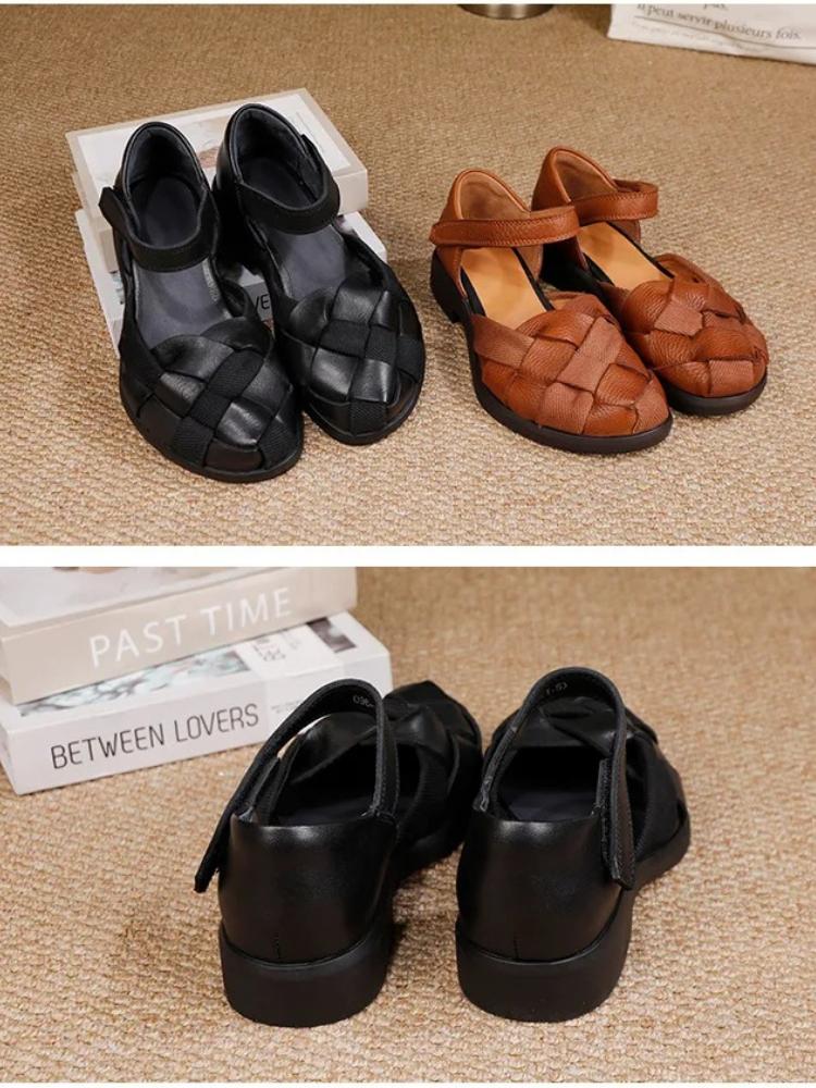 Johnature Vintage Woven Round Toe Sandals Soft Soled Comfortable Low Heeled Women's Shoes