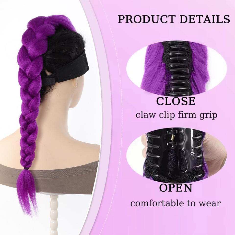 28inch Synthetic Hair Long Braided Purple Hair Ponytail Extensions Rumi Hairstyle Claw Clip Hair Wig for Kids for Chritmas Party