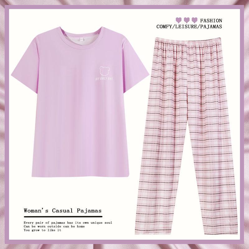 Women's Spring/Summer Cotton Pajama Set - Short Sleeve, Long Pants, Casual Plus Size, Sweet Style, Versatile for Outdoors and Home.