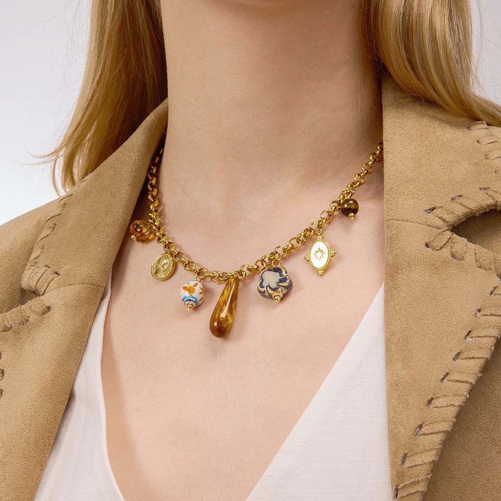 Youthway Resin Tiger Eye Stone Ceramic Flower Portrait Coin Pendant Necklace For Women 18K Gold Plated Stainless Steel Necklace