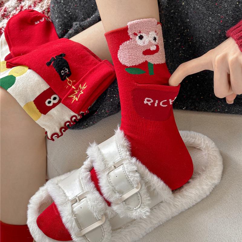 Women's Christmas Red Cartoon Mid-Calf Socks for Autumn and Winter