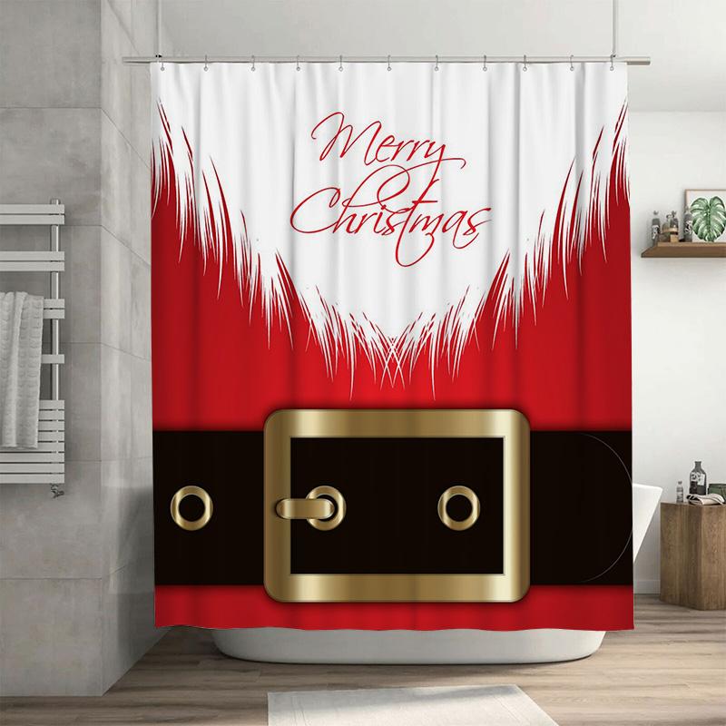

Santa Belt Buckle Shower Curtain, Large Gold Clasp With Red Black Band And Merry Christmas Text, Festive Bathroom Decor W60H190(CM)-1 Pcs