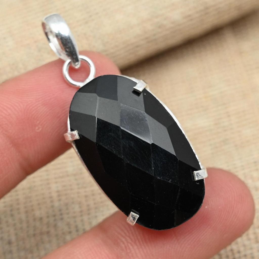 Facettierter schwarzer Onyx-Edelstein, 925er-Sterlingsilber, handgefertigter Schmuck für Damen