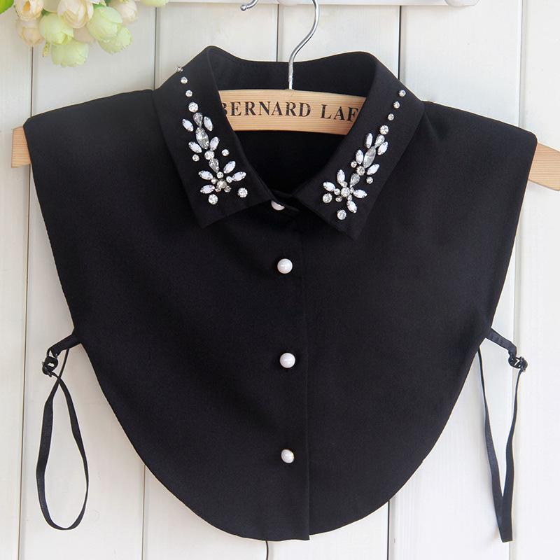 Linbaiway Fashion Women Fake Collar Shirt Beads Detachable Collars Chiffon Lapel Blouse Top Female White Clothes Decor